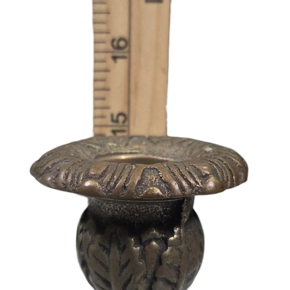 Antique English Oak Wood Candlestick‎ Holders Brass Open Barley Twist